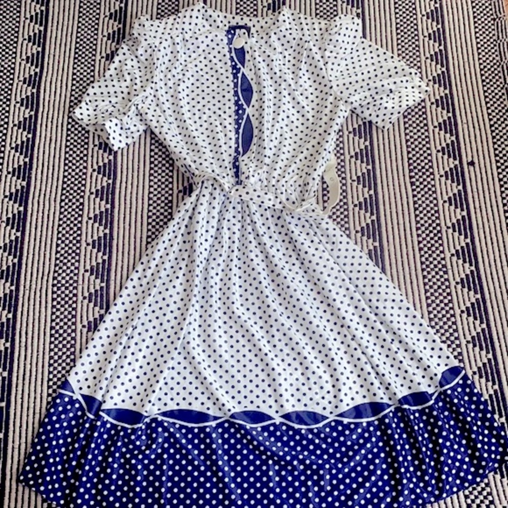 Vintage Blue/White Belted Polka Dot Dress - S/M
